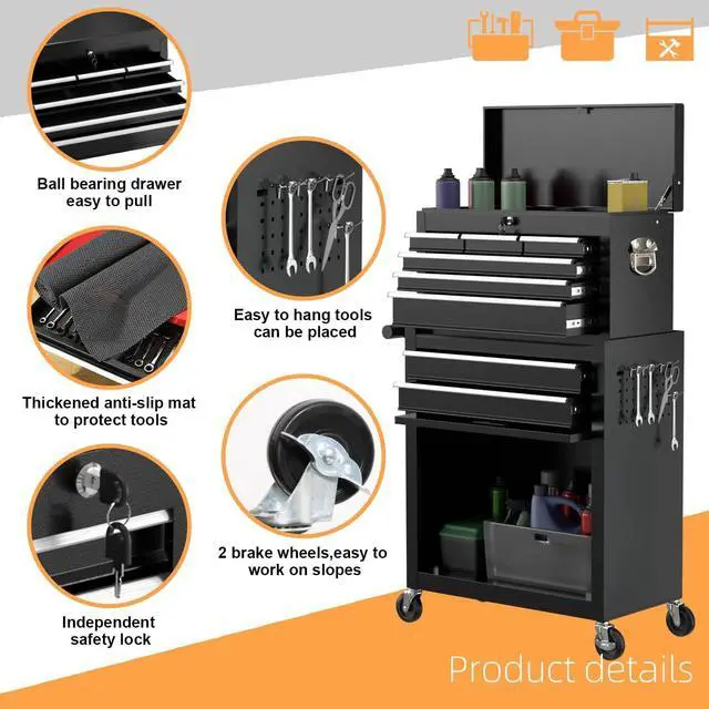 Alt view image 3 of 6 - 8-Drawer High Capacity Rolling Tool Chest, Removable Cabinet Storage Tool Box with Wheels and Drawers, Detachable Toolbox with Lock for Workshop Mechanics Garage (Black)