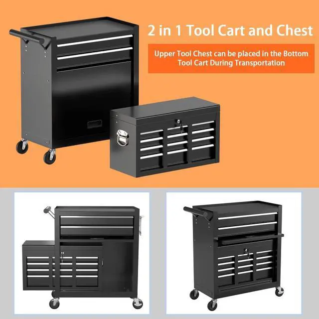 Alt view image 4 of 6 - 8-Drawer High Capacity Rolling Tool Chest, Removable Cabinet Storage Tool Box with Wheels and Drawers, Detachable Toolbox with Lock for Workshop Mechanics Garage (Black)