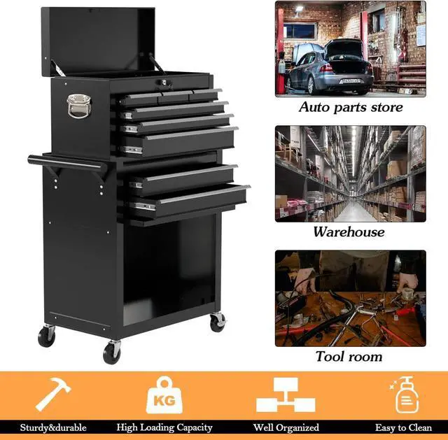Alt view image 5 of 6 - 8-Drawer High Capacity Rolling Tool Chest, Removable Cabinet Storage Tool Box with Wheels and Drawers, Detachable Toolbox with Lock for Workshop Mechanics Garage (Black)
