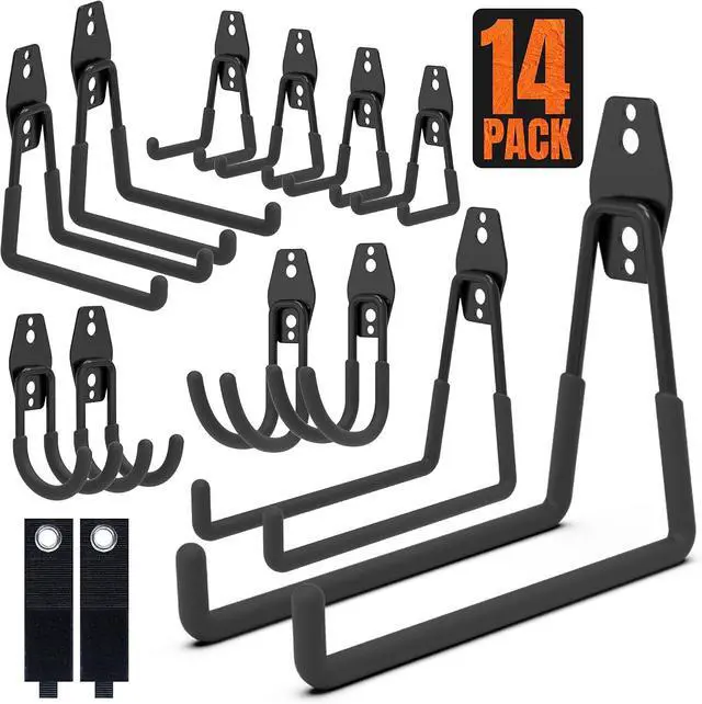 Main image of HUHOLE 14PC Garage Hooks Heavy Duty, Utility Garage Storage Hooks, Wall Mount Garage Hooks with Anti-Slip Coating for Hanging Ropes, Bikes, Ladders and Bulk Items.