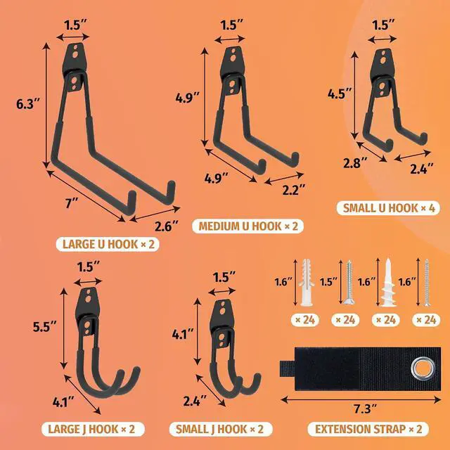 Alt view image 5 of 7 - HUHOLE 14PC Garage Hooks Heavy Duty, Utility Garage Storage Hooks, Wall Mount Garage Hooks with Anti-Slip Coating for Hanging Ropes, Bikes, Ladders and Bulk Items.
