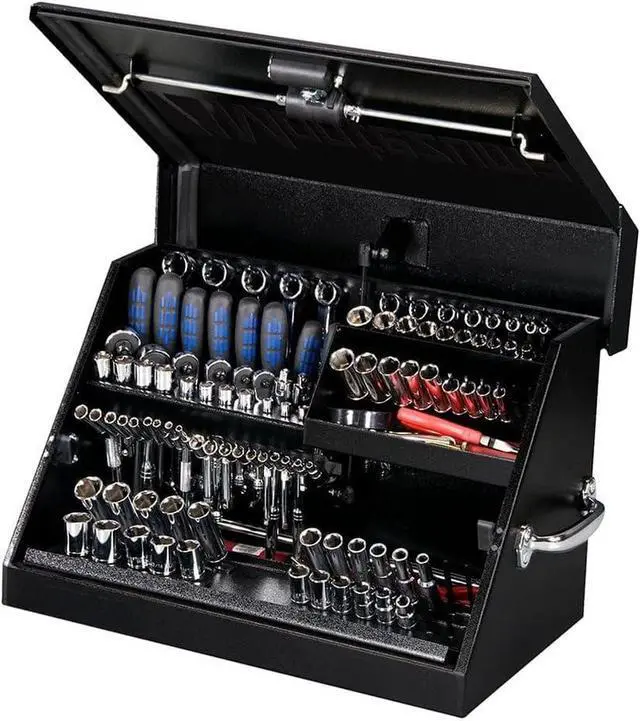 Alt view image 5 of 7 - Montezuma SM200B 22.5-Inch Portable TRIANGLE Toolbox Heavy-Duty Steel Construction Metric and SAE Storage Chest Weather-Resistant Toolbox Lock and Latching System