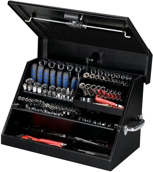 Alt view image 6 of 7 - Montezuma SM200B 22.5-Inch Portable TRIANGLE Toolbox Heavy-Duty Steel Construction Metric and SAE Storage Chest Weather-Resistant Toolbox Lock and Latching System