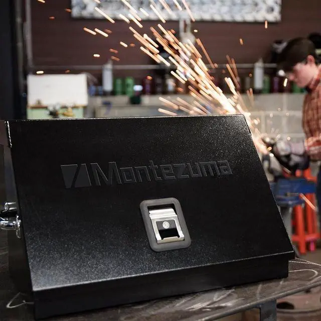 Alt view image 7 of 7 - Montezuma SM200B 22.5-Inch Portable TRIANGLE Toolbox Heavy-Duty Steel Construction Metric and SAE Storage Chest Weather-Resistant Toolbox Lock and Latching System
