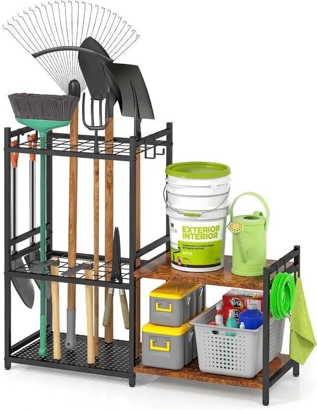 Main image of DAOUTIME Garage Tool Organizer with 2-tier Wooden Shelves, Yard Tool Organizer for Garage with 6 Hooks, Heavy duty Steel Garden Tool Rack Holds up to 35 Long Handled Yard tools for Storage, Black