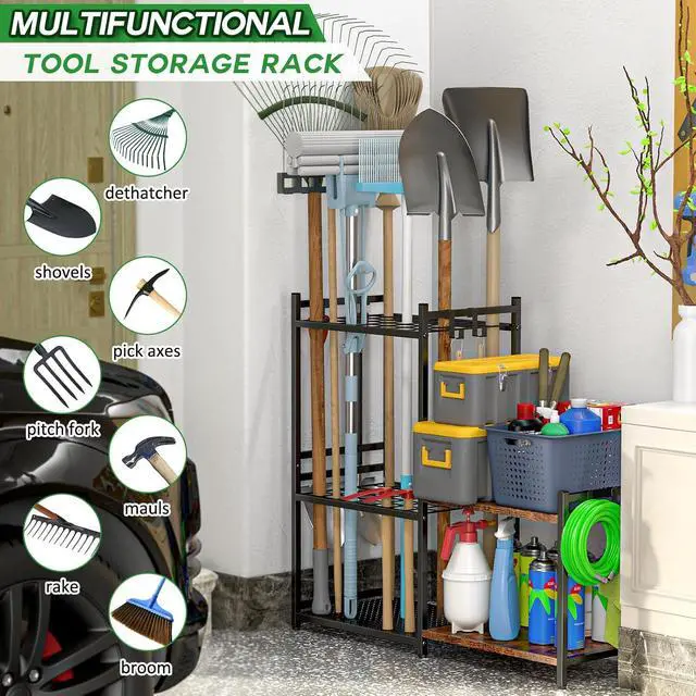 Alt view image 2 of 7 - DAOUTIME Garage Tool Organizer with 2-tier Wooden Shelves, Yard Tool Organizer for Garage with 6 Hooks, Heavy duty Steel Garden Tool Rack Holds up to 35 Long Handled Yard tools for Storage, Black