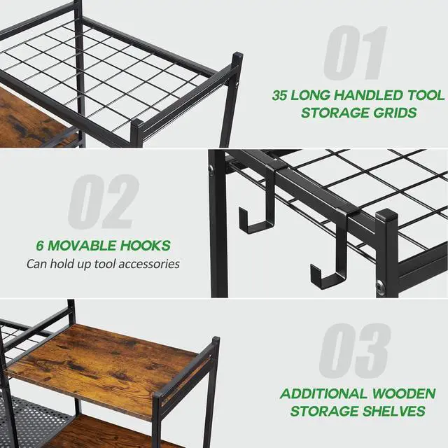 Alt view image 3 of 7 - DAOUTIME Garage Tool Organizer with 2-tier Wooden Shelves, Yard Tool Organizer for Garage with 6 Hooks, Heavy duty Steel Garden Tool Rack Holds up to 35 Long Handled Yard tools for Storage, Black