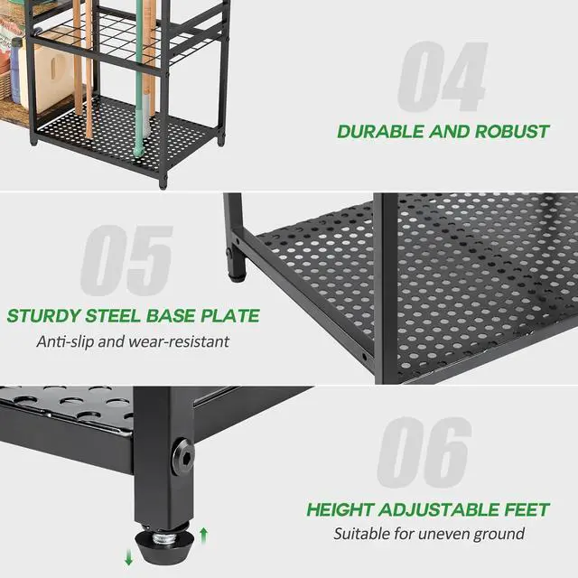 Alt view image 4 of 7 - DAOUTIME Garage Tool Organizer with 2-tier Wooden Shelves, Yard Tool Organizer for Garage with 6 Hooks, Heavy duty Steel Garden Tool Rack Holds up to 35 Long Handled Yard tools for Storage, Black