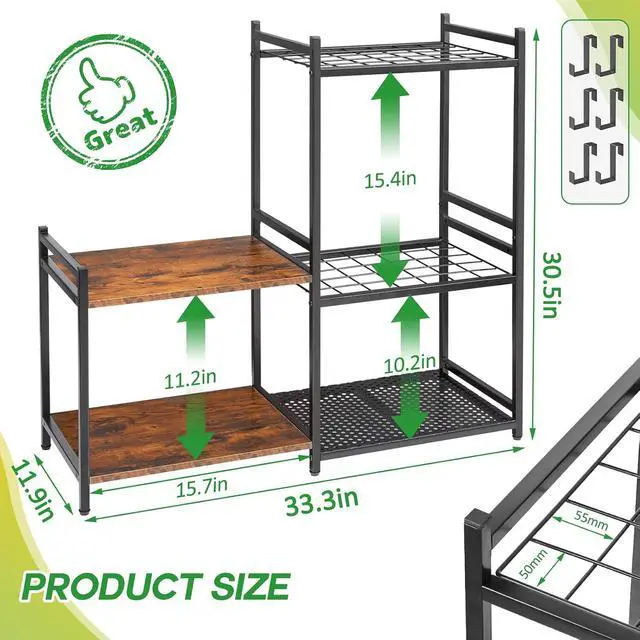 Alt view image 6 of 7 - DAOUTIME Garage Tool Organizer with 2-tier Wooden Shelves, Yard Tool Organizer for Garage with 6 Hooks, Heavy duty Steel Garden Tool Rack Holds up to 35 Long Handled Yard tools for Storage, Black