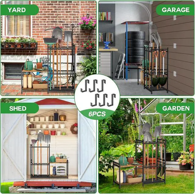 Alt view image 7 of 7 - DAOUTIME Garage Tool Organizer with 2-tier Wooden Shelves, Yard Tool Organizer for Garage with 6 Hooks, Heavy duty Steel Garden Tool Rack Holds up to 35 Long Handled Yard tools for Storage, Black