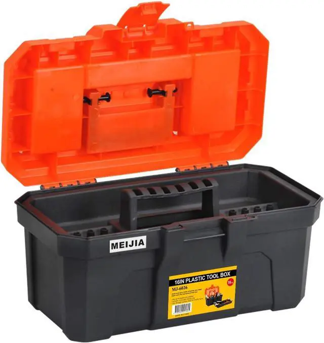 Alt view image 3 of 7 - MEIJIA Portable Tool Storage Box, Organizers With Foldable Latches And Removable Tray(Black And Orange) (16"x9"x8")