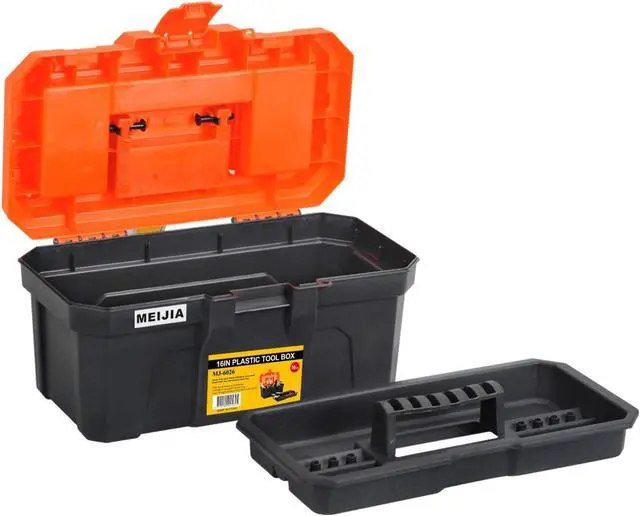 Alt view image 4 of 7 - MEIJIA Portable Tool Storage Box, Organizers With Foldable Latches And Removable Tray(Black And Orange) (16"x9"x8")