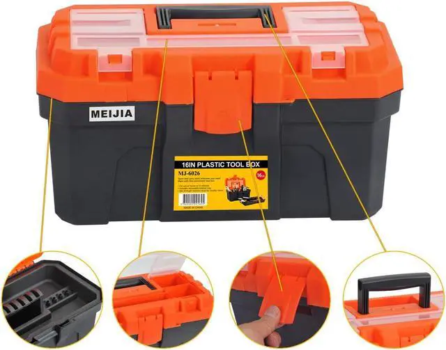 Alt view image 5 of 7 - MEIJIA Portable Tool Storage Box, Organizers With Foldable Latches And Removable Tray(Black And Orange) (16"x9"x8")