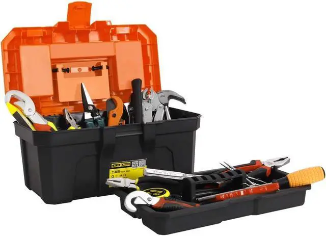 Alt view image 7 of 7 - MEIJIA Portable Tool Storage Box, Organizers With Foldable Latches And Removable Tray(Black And Orange) (16"x9"x8")