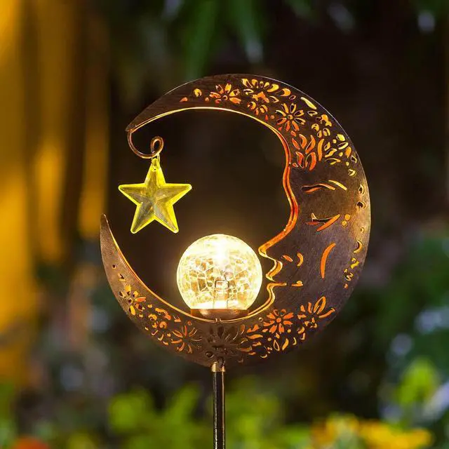 Main image of Hapjoy Solar Lights Outdoor Decor Moon Lantern for Patio,Lawn or Pathway Moon Decorations Crackle Glass Globe Stake Metal Lights Waterproof Warm LED Garden Gifts (Bronze)