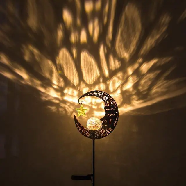 Alt view image 2 of 7 - Hapjoy Solar Lights Outdoor Decor Moon Lantern for Patio,Lawn or Pathway Moon Decorations Crackle Glass Globe Stake Metal Lights Waterproof Warm LED Garden Gifts (Bronze)