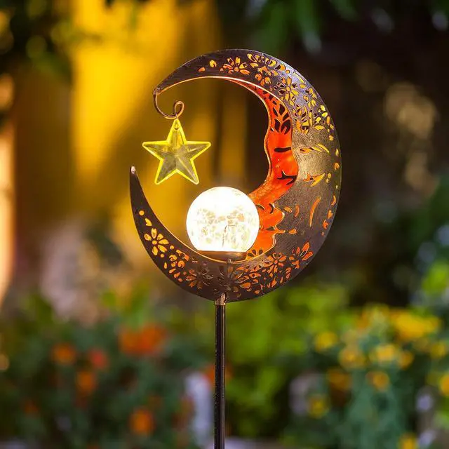 Alt view image 3 of 7 - Hapjoy Solar Lights Outdoor Decor Moon Lantern for Patio,Lawn or Pathway Moon Decorations Crackle Glass Globe Stake Metal Lights Waterproof Warm LED Garden Gifts (Bronze)