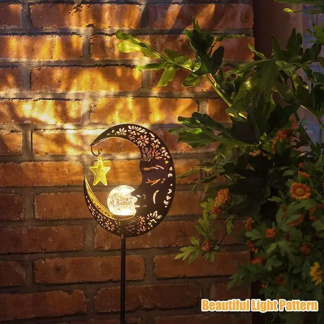 Alt view image 4 of 7 - Hapjoy Solar Lights Outdoor Decor Moon Lantern for Patio,Lawn or Pathway Moon Decorations Crackle Glass Globe Stake Metal Lights Waterproof Warm LED Garden Gifts (Bronze)