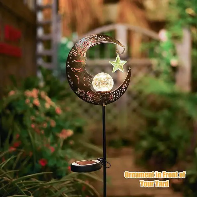 Alt view image 5 of 7 - Hapjoy Solar Lights Outdoor Decor Moon Lantern for Patio,Lawn or Pathway Moon Decorations Crackle Glass Globe Stake Metal Lights Waterproof Warm LED Garden Gifts (Bronze)