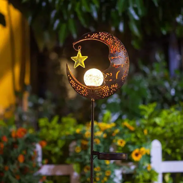 Alt view image 6 of 7 - Hapjoy Solar Lights Outdoor Decor Moon Lantern for Patio,Lawn or Pathway Moon Decorations Crackle Glass Globe Stake Metal Lights Waterproof Warm LED Garden Gifts (Bronze)