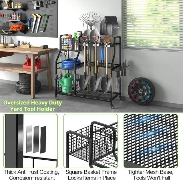 Alt view image 3 of 7 - keomaisyto Garden Tool Holder Organizer with Heavy Duty Wheels for Garage