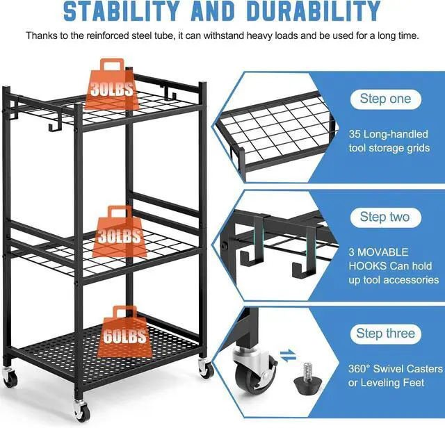 Alt view image 2 of 7 - DAOUTIME Garden Organizer With Wheels, Yard Tower Rack for Garage Storage, Up to 35 Long-Handled Tools, Sturdy Metal Steel Holder With 3 Hooks, Outdoor, Black