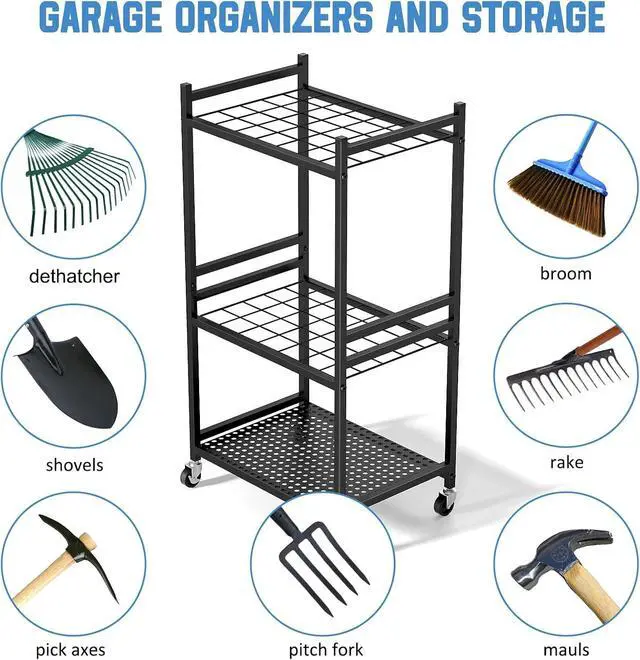 Alt view image 5 of 7 - DAOUTIME Garden Organizer With Wheels, Yard Tower Rack for Garage Storage, Up to 35 Long-Handled Tools, Sturdy Metal Steel Holder With 3 Hooks, Outdoor, Black