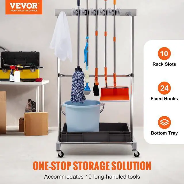 Alt view image 2 of 7 - VEVOR Garden Tool Organizer, 10 Slots with Hooks, Yard Tool Tower Rack with Wheels for Garage Organization and Storage, Hold Long-Handled Tool/Rake/Broom, Metal Tool Stand Holder for Shed, Outdoor