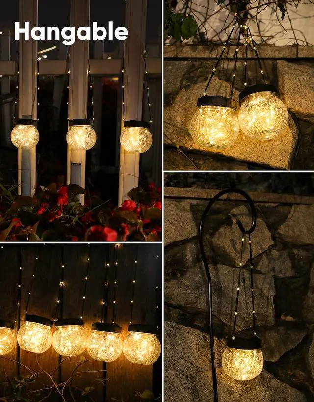 Alt view image 5 of 7 - Solar Lanterns Solar Lights Outdoor Waterproof 6-Pack, Solar Powered Hanging Lights Cracked Glass Hanging Globes for Christmas Decoration, Shepherd Hook, Garden Tree Ornaments