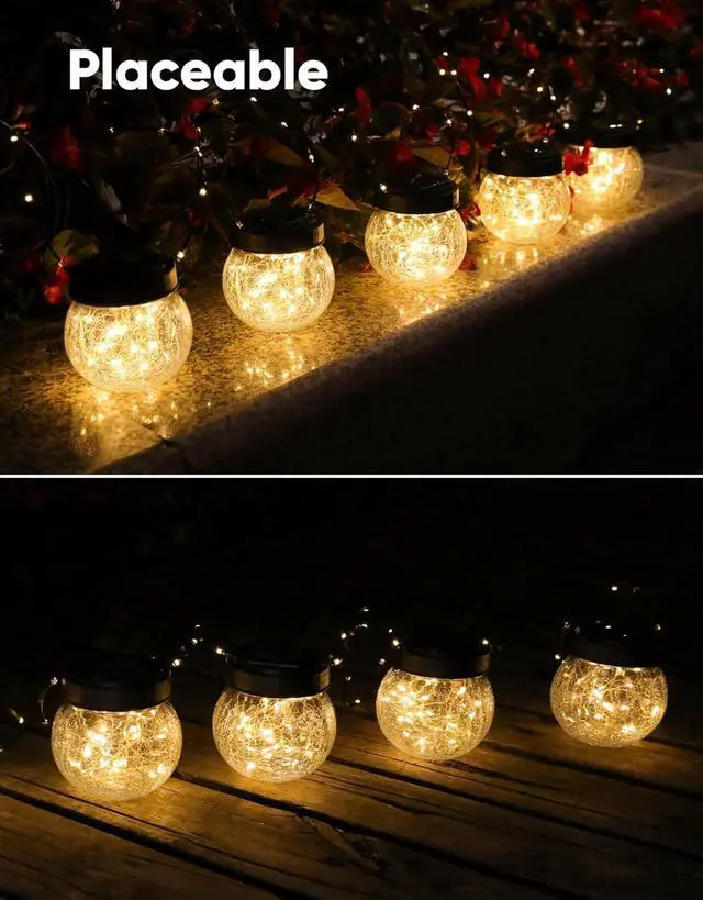 Alt view image 6 of 7 - Solar Lanterns Solar Lights Outdoor Waterproof 6-Pack, Solar Powered Hanging Lights Cracked Glass Hanging Globes for Christmas Decoration, Shepherd Hook, Garden Tree Ornaments