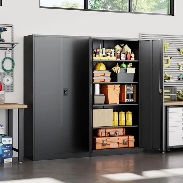 Alt view image 2 of 7 - Yizosh Metal Garage Storage Cabinet with Lock, 71" Locking Tool Cabinet with 2 Doors and 4 Shelves, Tall Steel Cabinet for Garage, Heavy Duty File Cabinet for Office, School (Black)