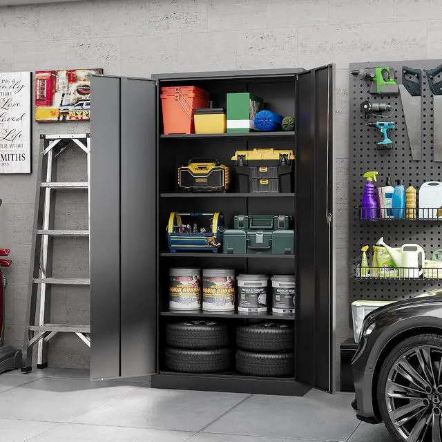 Alt view image 5 of 7 - Yizosh Metal Garage Storage Cabinet with Lock, 71" Locking Tool Cabinet with 2 Doors and 4 Shelves, Tall Steel Cabinet for Garage, Heavy Duty File Cabinet for Office, School (Black)