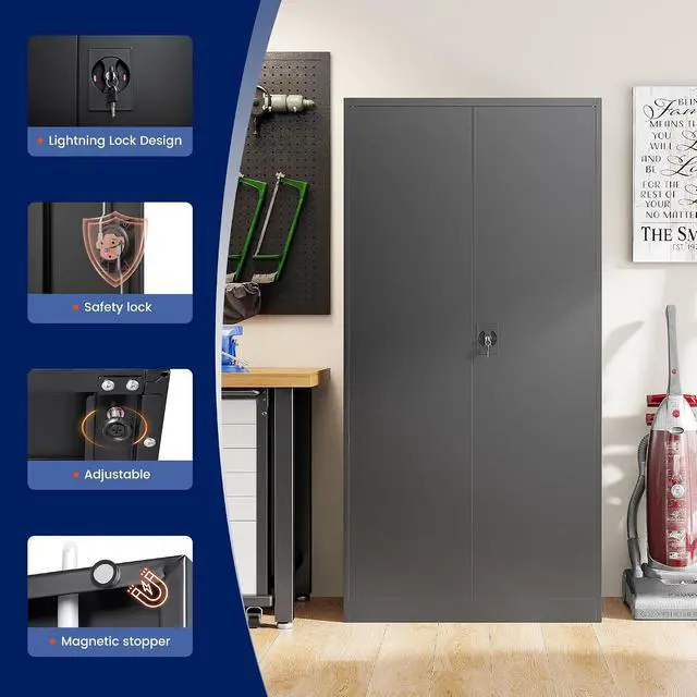 Alt view image 6 of 7 - Yizosh Metal Garage Storage Cabinet with Lock, 71" Locking Tool Cabinet with 2 Doors and 4 Shelves, Tall Steel Cabinet for Garage, Heavy Duty File Cabinet for Office, School (Black)
