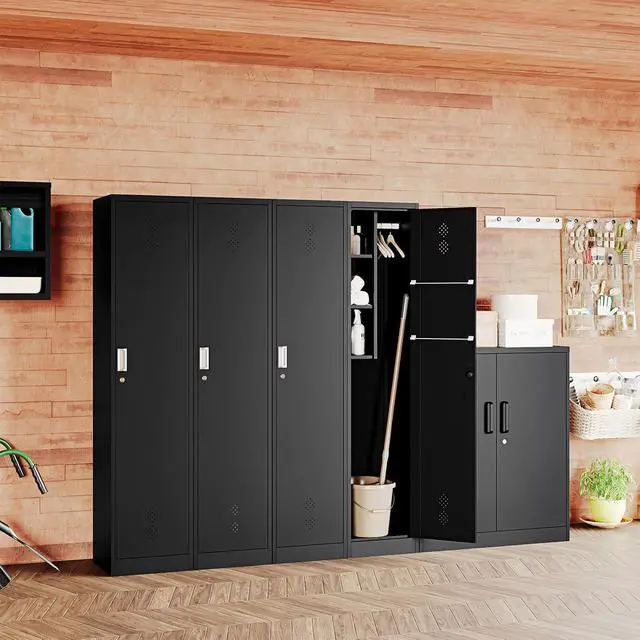 Alt view image 2 of 7 - STANI Slim Broom Closet Storage Cabinet, 71" Metal Cabinet with Lock, Black