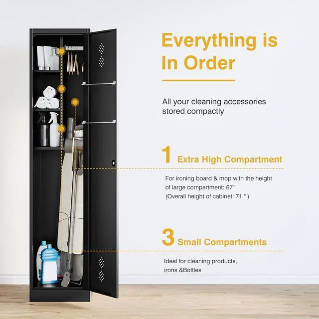 Alt view image 3 of 7 - STANI Slim Broom Closet Storage Cabinet, 71" Metal Cabinet with Lock, Black