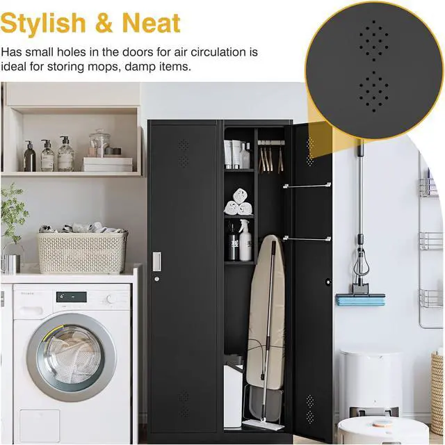 Alt view image 5 of 7 - STANI Slim Broom Closet Storage Cabinet, 71" Metal Cabinet with Lock, Black