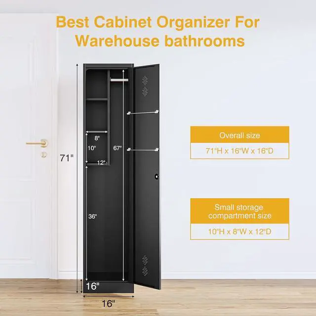 Alt view image 7 of 7 - STANI Slim Broom Closet Storage Cabinet, 71" Metal Cabinet with Lock, Black