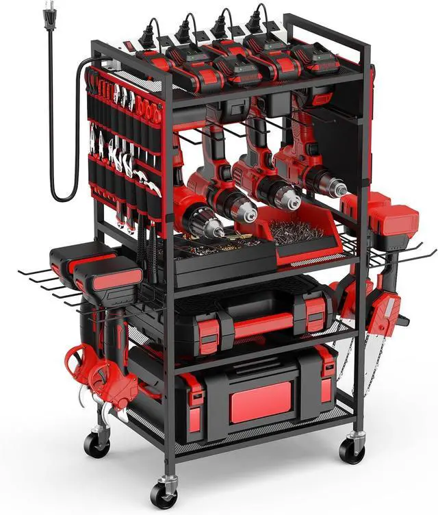 Main image of JUNNUJ Garage Large Power Tool Organizer Cart with 20A Charing Station, Heavy Duty Drill and Tools Battery Holder Storage Rack, Floor Standing Rolling Tool Cart on Wheels, Red