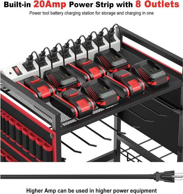 Alt view image 2 of 7 - JUNNUJ Garage Large Power Tool Organizer Cart with 20A Charing Station, Heavy Duty Drill and Tools Battery Holder Storage Rack, Floor Standing Rolling Tool Cart on Wheels, Red