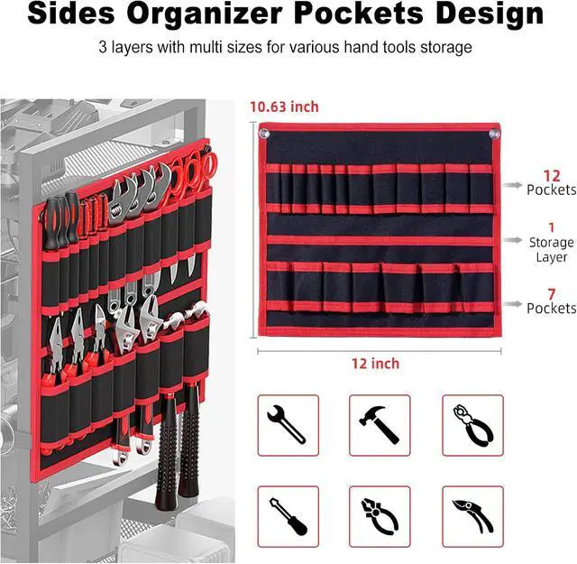 Alt view image 3 of 7 - JUNNUJ Garage Large Power Tool Organizer Cart with 20A Charing Station, Heavy Duty Drill and Tools Battery Holder Storage Rack, Floor Standing Rolling Tool Cart on Wheels, Red