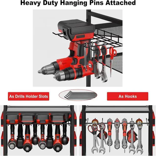 Alt view image 4 of 7 - JUNNUJ Garage Large Power Tool Organizer Cart with 20A Charing Station, Heavy Duty Drill and Tools Battery Holder Storage Rack, Floor Standing Rolling Tool Cart on Wheels, Red