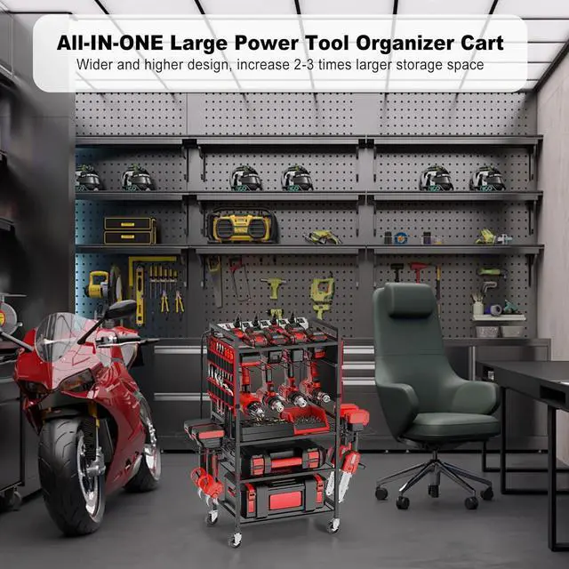 Alt view image 6 of 7 - JUNNUJ Garage Large Power Tool Organizer Cart with 20A Charing Station, Heavy Duty Drill and Tools Battery Holder Storage Rack, Floor Standing Rolling Tool Cart on Wheels, Red