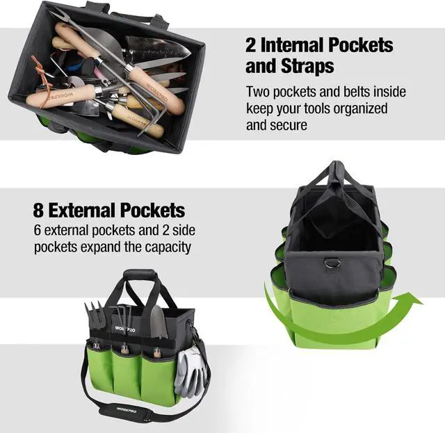 Alt view image 4 of 7 - WORKPRO Garden Tool Bag, 10 Pockets and Shoulder Strap, Green