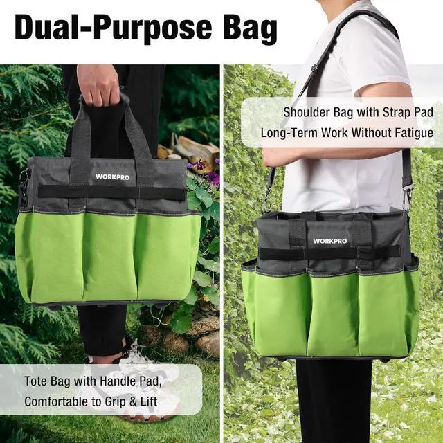 Alt view image 6 of 7 - WORKPRO Garden Tool Bag, 10 Pockets and Shoulder Strap, Green