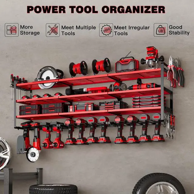 Alt view image 2 of 7 - NattyDot Power Tool Organizer Wall Mount, 48-Inch 12 Drill Holders, Red