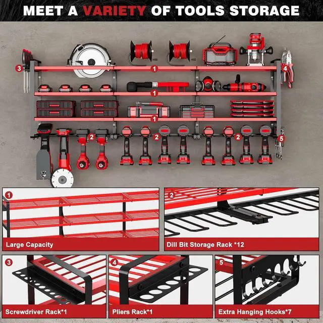 Alt view image 3 of 7 - NattyDot Power Tool Organizer Wall Mount, 48-Inch 12 Drill Holders, Red