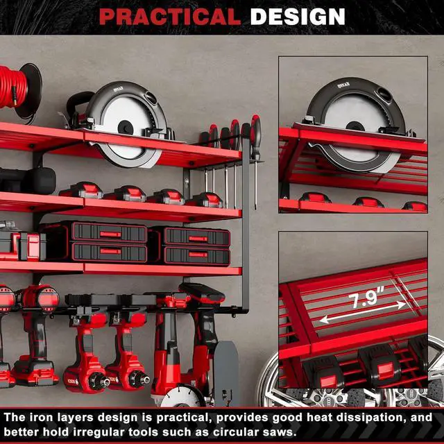 Alt view image 5 of 7 - NattyDot Power Tool Organizer Wall Mount, 48-Inch 12 Drill Holders, Red