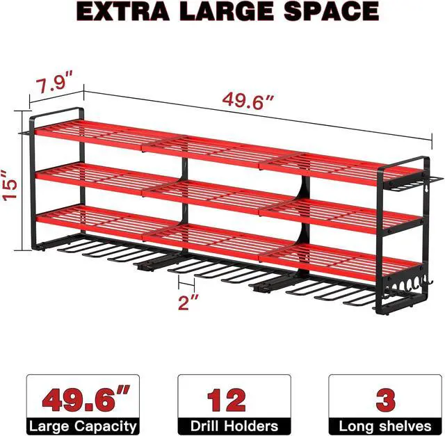 Alt view image 6 of 7 - NattyDot Power Tool Organizer Wall Mount, 48-Inch 12 Drill Holders, Red