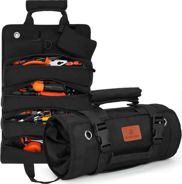 Main image of BAQRAXIA Tool Bag, Roll Up Small Tools Box Storage, Heavy Duty Tool Organizer with 2 Detachable Tool Pouch, Tool Gifts for Men Dad Husband Boyfriend Grandpa, Presents for Fathers Day Birthday (Black)