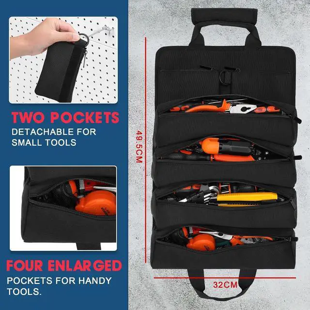Alt view image 3 of 7 - BAQRAXIA Tool Bag, Roll Up Small Tools Box Storage, Heavy Duty Tool Organizer with 2 Detachable Tool Pouch, Tool Gifts for Men Dad Husband Boyfriend Grandpa, Presents for Fathers Day Birthday (Black)